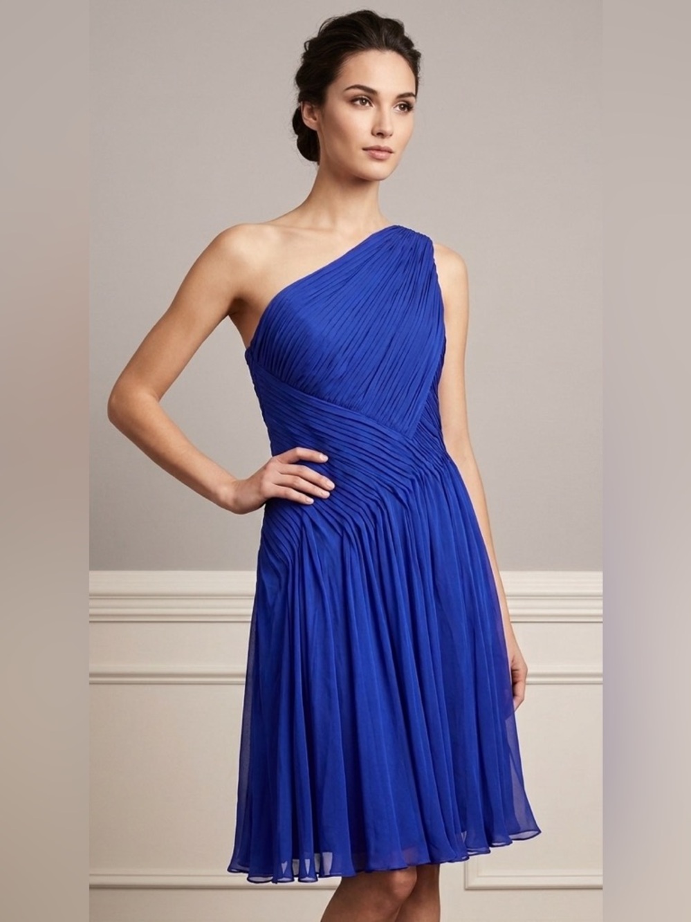 Tadashi Collection Royal Blue Silk One Shoulder Pleated Dress